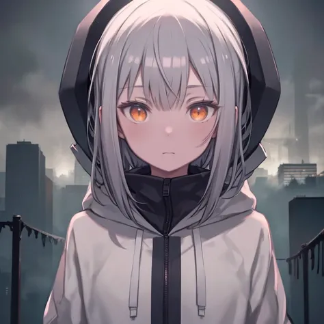 masterpiece, Best Quality, 1 girl, Gray Hair, Orange eyes, hoodie, fear, neighborhood, , spooky, (fog:1.3), (Look around), (Upper Body)