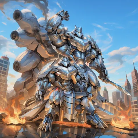 (masterpiece. official art. 8k. best quality. detailed full body. full body.)

(situation 1 : dominating Silver Samurai. Silver Samurai is over 1000 meters long. focus GIANT mechanical Muscular Silver Samurai is trampling the city. Looking down. macro. sto...