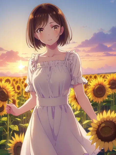 ((White frill Translucency summer dress)),mizuharachizuru, Chizuru Ichinose, solo woman,(Long Bob:1.5,Shaggy), bangs, Brown Hair, (Brown eyes:1.5), smile,(summer,noon,Solar,Sunflower field),looking at viewer, (Cowboy Shot:1.5),(masterpiece:1.2), Best Quali...