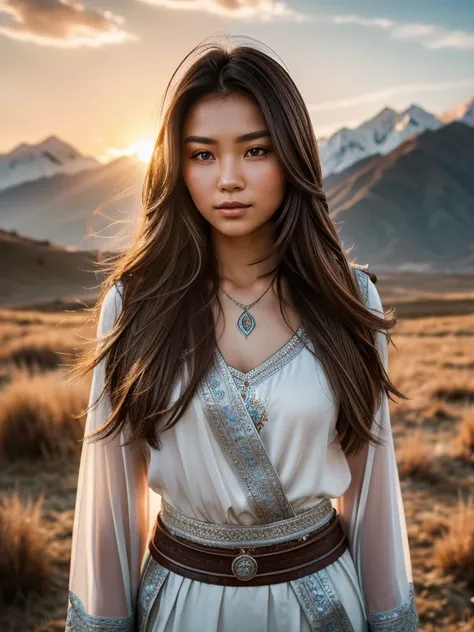 Morning breeze. A beautiful Kazakh female warrior with exquisite facial features, her brown hair blown by the wind, strands of hair scattered across her face. Her face is illuminated by the rising sun. She wears a silver necklace. With a majestic mountains...