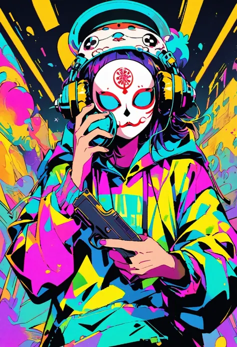 Illustration of a character wearing a Noh mask。I have headphones on my head。Dressed in neon colours。Pop atmosphere。1990s Art。He has a handgun in his hand。