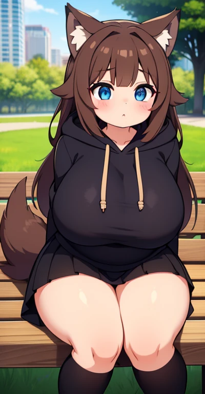 Beautiful Girl, Wolfgirl, with lush Brown hair, Big Beautiful Blue Eyes, wide hips, large thighs, and a voluptuous figure. Wearing a Black hoodie, and Black Skirt. Sitting on wooden bench, in a city park, mild closeup, Wolf Ears, Soft fluffy brown fur, Wol...