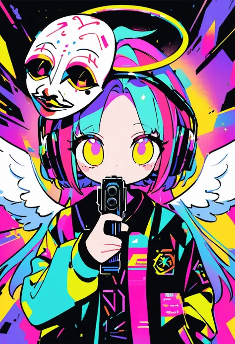 Illustration of a character wearing a Noh mask。Two-tone hair。I have headphones on my head。Dressed in neon colours。Pop atmosphere。1990s Art。angel wings。Angel halo。(holding_handgun:1.4)