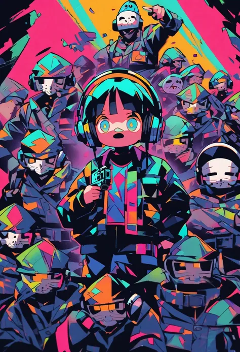 Illustration of a character wearing a Noh mask。I have headphones on my head。Dressed in neon colours。Pop atmosphere。1990s Art。(holding_handgun:1.4),There are soldiers around。