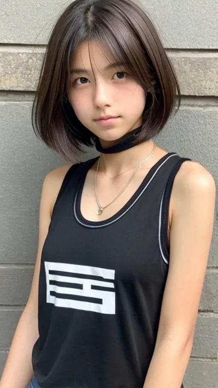 Japanese female junior high school field hockey player wearing a tank top、Boyish, super short hair、Dark brown hair color、I&#39;Severe sunburn、A sexy tank top exposes her midriff and navel、masterpiece、High resolution、High image quality、realism、Natural skin ...