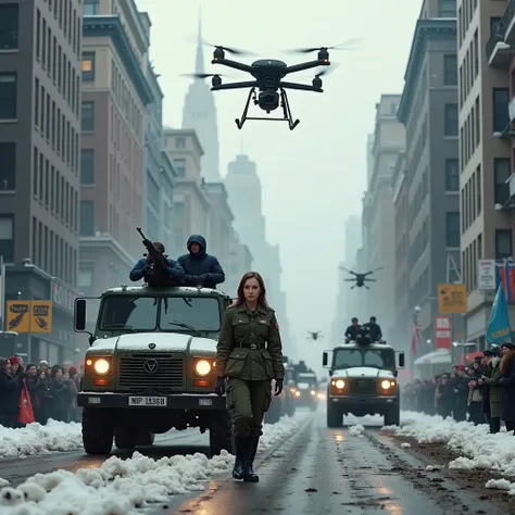 1girl, russian military parade, 2 russian kamaz typhoon k armored trucks armed with 7.62mm machine gun turret, 2 russian fpv gun drones, damaged buildings, new york city skyline, snow, dramatic lighting, shadows, civilian crowds of men and women cheering f...