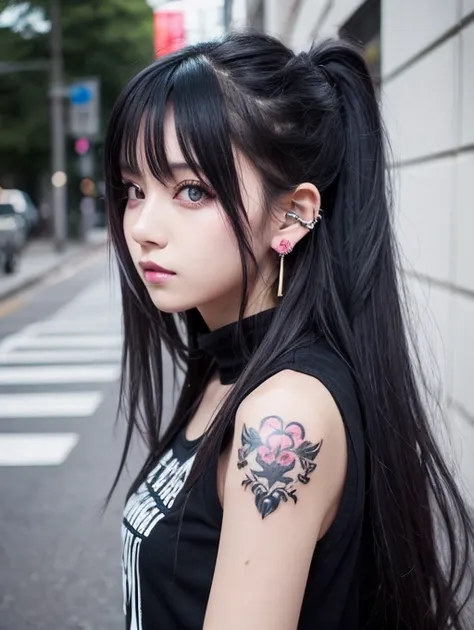 masterpiece, best quality, PIXIV, cool girl, lots of piercings, earrings, tattoos, black hair, pink dip-dye hair, gray eyes