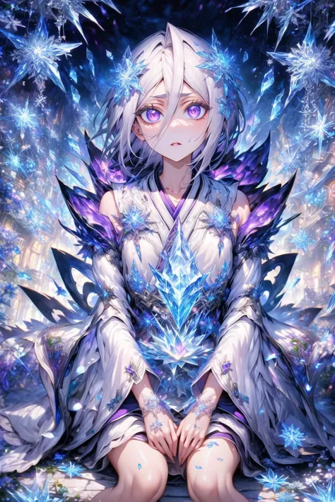 absurdres, highres, ultra detailed, HDR, master piece, best quality, extremely detailed, detailed eyes, detailed face, Kuchiki Rukia, white hair, expressive purple eyes, white eyelashes, Bleach, solo, woman, beautiful, adult face, white clothes, magical, f...