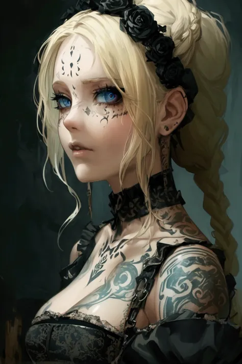 Clear and detailed facial features, beautiful woman, blonde hair, braided, elegant gothic make-up, large expressive eyes, intricate tattoos, wearing a disheveled gothic-style corset minidress, shoulder straps, half jacket, falling off ahoulders, beautiful ...