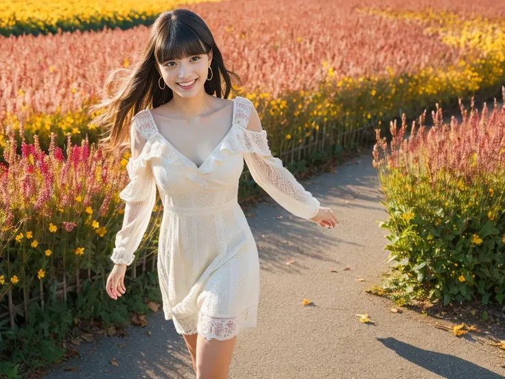 ((Masterpiece)), 8k, Masterpiece, Best Quality, One Girl, Solo, Realistic, Autumn Pavement, Photorealistic, Super Detailed, Detailed Background, (Solo: 1.4), Wearing a White Dress, Happy facial expression, slender body, highly realistic detailed shoulder l...