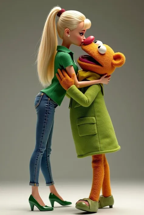 Barbie carried and kissed Fozzie bear on the lips. Barbie is wearing green polo, green high heels, and skinny blue jeans. Fozzie bear is wearing his original clothes in the The Muppets series. Full height from head to toe and Full body from head to toe. Fo...