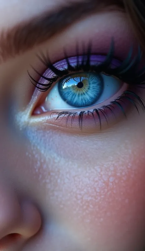 photorealistic Realism, hyperquality, 16K, Ultra High Definition:1.3, (ultra high-res, realistic eyes, sharp focus, Ultra clear and sharp, absurd quality, no blurry), (eyes|Water blue), (eyelashes|negro), (perfect eyeshadows|purple)
