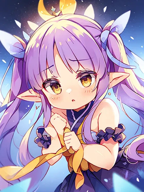 light purple hair, center parted bangs, big yellow eyes, chibi,pointy ears,blue hair ornament,