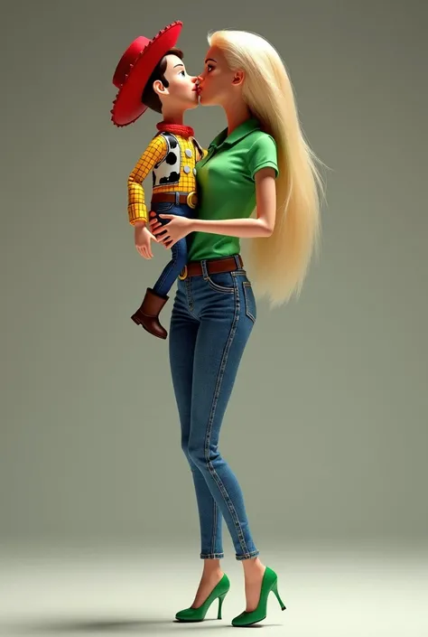 Barbie carried and kissed Woody from Toy Story 2 on the lips. Barbie is wearing green polo, green high heels, and skinny blue jeans. Woody is wearing his original clothes in Toy Story 2 series. Full height from head to toe and Full body from head to toe. W...