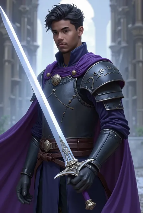 I want you to create Gustaf Dayne, a young adult and handsome warrior from Game of Thrones.;has purple eyes;has black skin color;has short, slightly wavy hair with a gradient on the sides;He has the Dawn Sword, the legendary white sword from Game of Throne...