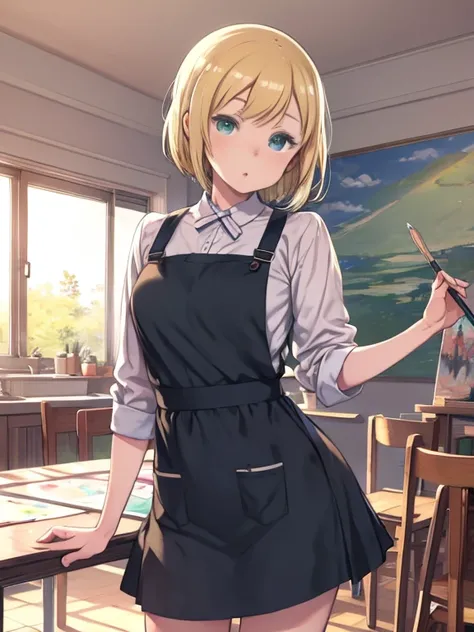 Anime Style, Ellen Baker, beautiful, Green Eyes, Blonde, apron, art room, Painting model, , (masterpiece:1.2), (Vibrant:1.2), Very detailed, Perfect Art,