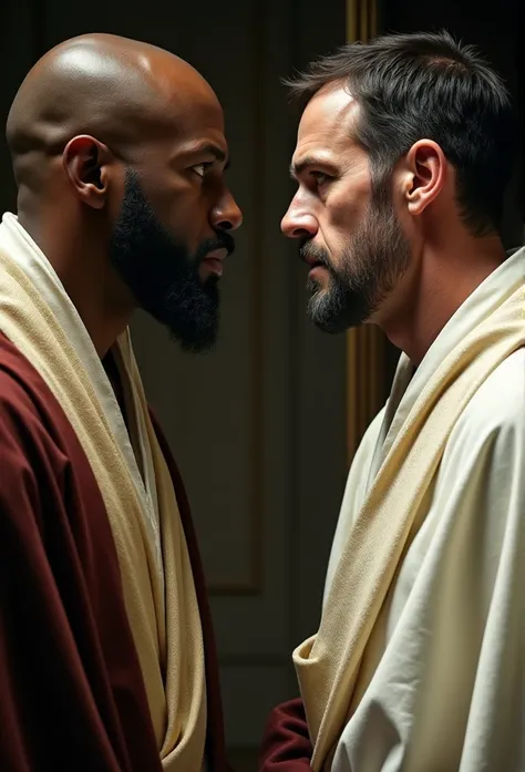 There are two people arguing, (((Laurence Fishburne))), (((Hugh Laurie))) , (((dressed in biblical clothing))), Black bald man, Dressed in white, Arguing with Hugh Laurie, evil looking, (Hugh Laurie in white biblical clothing), (Hugh Laurie and Laurence Fi...