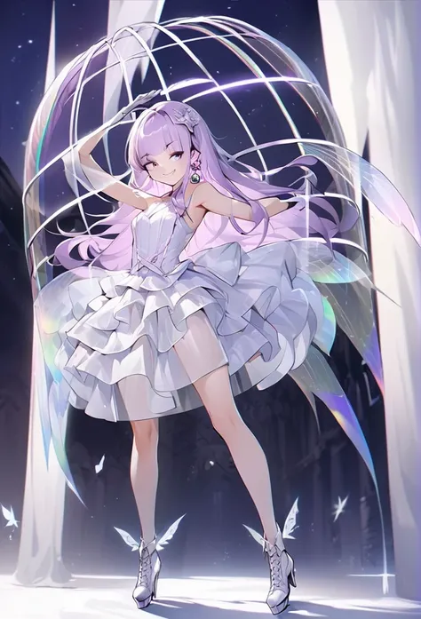 Best image quality、(((Full Body Espian))),Standing photo、Great style、全力でsmileを見せる、Beautiful legs、Leather shoes、Dynamic pose、, Young、Gothicta, (((Light purple hair))), Purple eyes, (mascara), Straight bangs, ((Hair is hanging over the eyes)), Long Hair, Pin...