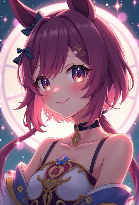 (masterpiece, The best quality, highres, ultra-detailed, 8K, 4k), Art book, coloring anime, CG, illustration , fancy, mksks ,1 girl, Alone, earring, choker, The background is a huge ornate circular pattern., smile, happy looking at the viewer, fireworks, s...