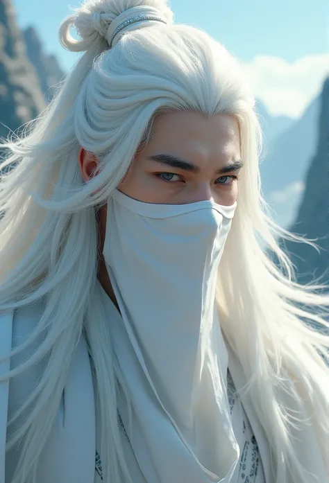 masterpiece, Close-up of a man with white hair and a white mask., Beautiful figure painting, Guviz, Guwiz style artwork, White haired god, Yang J, Epic and exquisite character art, Amazing character art, fan qi, Wu Zhun Shifan, Gu Vitz at Pixiv Art Station...