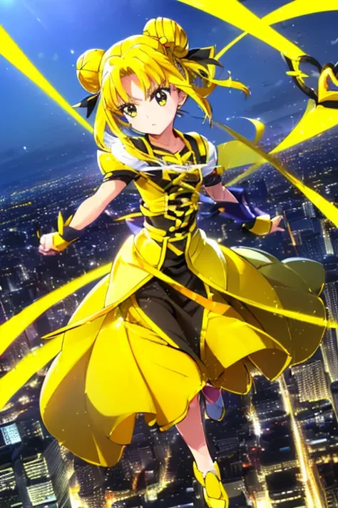 (((PreCure, yellow costume, combat, special move, yellow hair, bun hair, in the city, 1girl, Solo, PreCure weapon, heart hair ornament on head, skirt, Magical Girl Lyrical Nanoha, heart accessory on chest)))