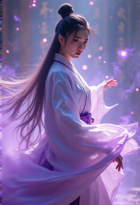 A beautiful Chinese girl, Sharp eyes, clear facial features, usando Hanfu, Combat stance, Martial arts movements, body surrounded by purple mist, Runes around, holographic reality, holographic halo, motion blur, game lighting effects, edge light, soft ligh...