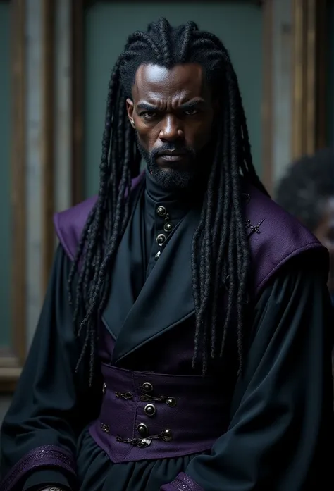 A gothic black man with dreadlocks, villainous expression, wearing black Victorian-style clothing with purple details, (best quality,4k,8k,highres,masterpiece:1.2),ultra-detailed,(realistic,photorealistic,photo-realistic:1.37),dark moody lighting,dramatic ...