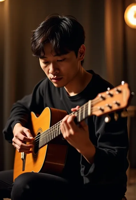 a sexy asian man with guitar sitting on chair, writing song in studio, moody expression, medium shot, (best quality,8k,masterpiece:1.2),ultra-detailed,realistic,photo-realistic:1.37,dramatic lighting,cinematic,dramatic colors,warm lighting,high contrast,fo...