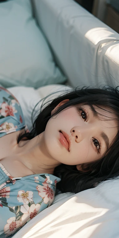 A cute girl is lying face down on the bed and looking at you, 2, Realistic, She is wearing shorts, She is wearing floral pajamas, short hair.bare shoulders、Front view of chest