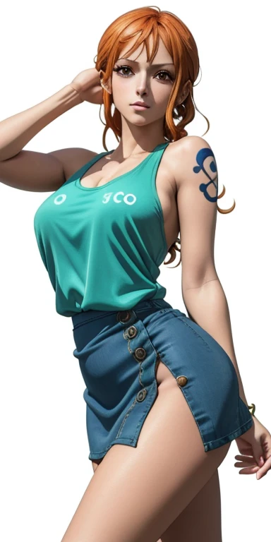 a closeup portrait of nami from one piece, tank top and mini skirt, leg, masterpiece, unfinished sketch, waist high portrait rea...