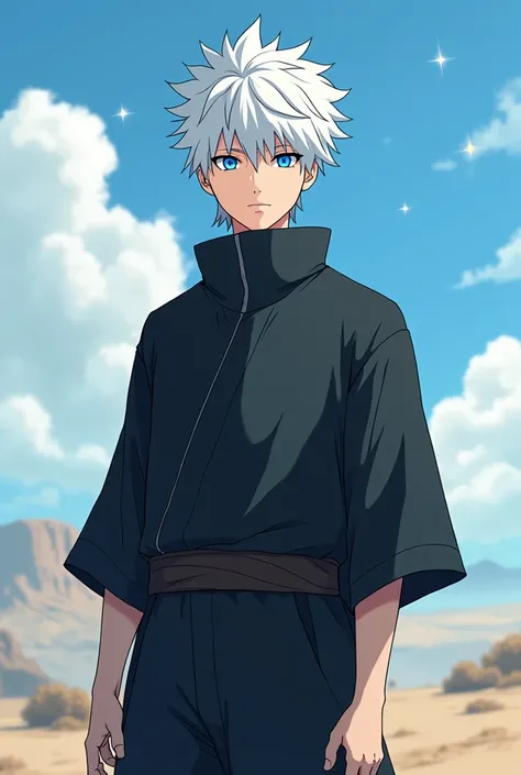 Satoru Gojo, naruto style, bottomless, 4k, anime, short and messy hair, Shinobi Naruto, white hair and eyelashes, sky blue eyes with heavenly touches, black and simple clothes, full body