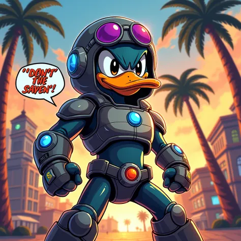 ((Masterpiece)), ((ultra-detailed, 8k quality)), (top quality), (best composition), (high resolution), Gizmo Duck in his iconic cybernetic suit, standing confidently in an action pose, ready to defend the Money Bin from robbers. The suit features a sleek d...