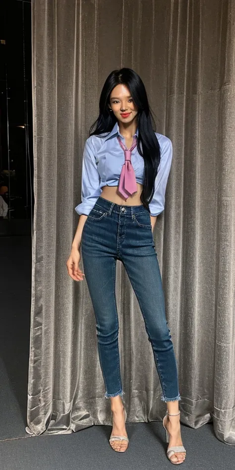 Acurate, 1 Taeyeon、Black hair、black eyes、Semi-long、setting hair、Slender but well-proportioned muscular body、a smile、wearing a tie-front shirt、Abs are cracked、The navel is visible、Wearing blue high heels、wearing very tight blue skinny jeans.、Breasts are big...