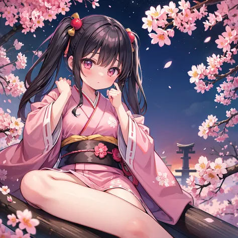 (masterpiece), Best Quality, One girl, Alone, a girl wearing pink kimono laying down on top of a tree with cherry blossoms at night, Lift your head, One girl, Alone, Black Hair, Twin tails, Japanese clothing,kimono, heart, sash, can, That&#39;s why, Sittin...