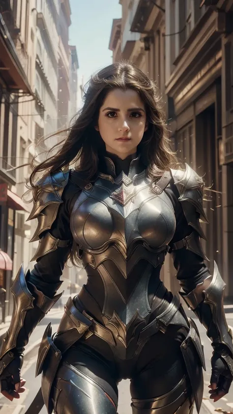 (laura marano:1.3) as female paladin, ((wearing sexy dark armor)), superhero pose, black hair, very beautiful, huge cleavage, (h...