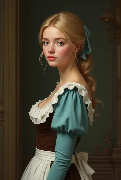 Portrait of Cinderella, beautiful woman, an hourglass figure, and a softly shaped, kind face. Her skin is fair and flawless, and she has pink lips and blue eyes. She Wear a maids outfit, which consisted of a dark brown bodice with long, light aquamarine sl...