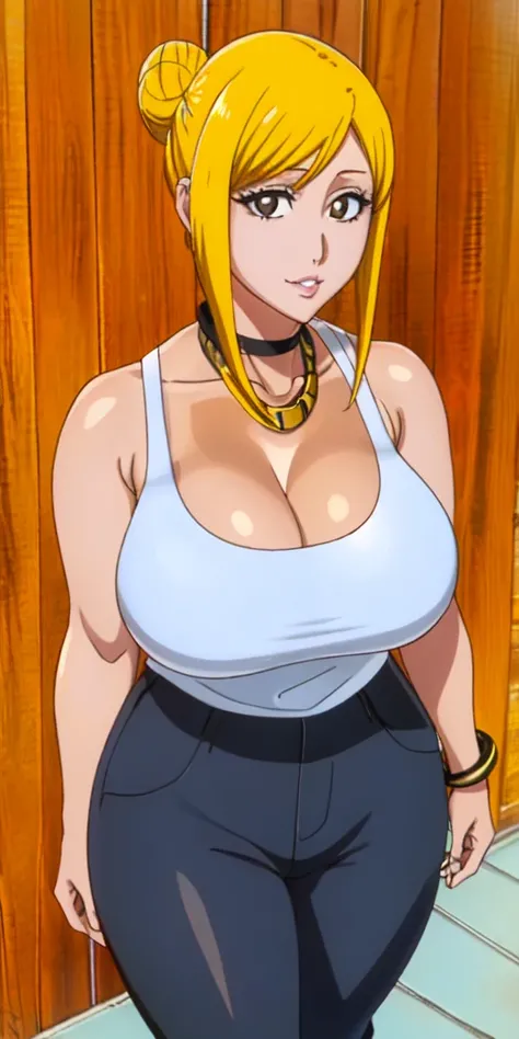 Orihime Inoue,Bleach artstyle,Big breast,Enchanted big breast,Tanned skin,Thick lips,Eyelash,Big Hoopa earring,Gold chain necklace,Circle piercing in lips,Leopard colored Tank top,Cleavage,thin black colored pants,Curvy figure,Plump,Hoopa bracelet,Mature,M...