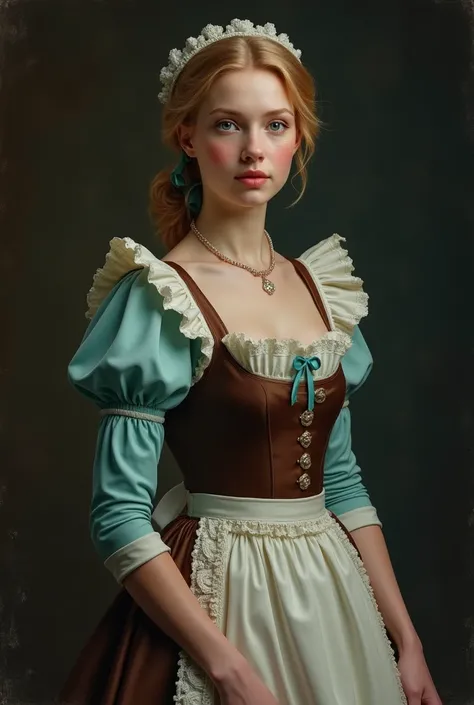 Portrait of Cinderella, beautiful girl, an hourglass figure, and a softly shaped, kind face. Her skin is fair and flawless, and she has pink lips and blue eyes. She Wear a maids outfit, which consisted of a dark brown bodice with long, light aquamarine sle...