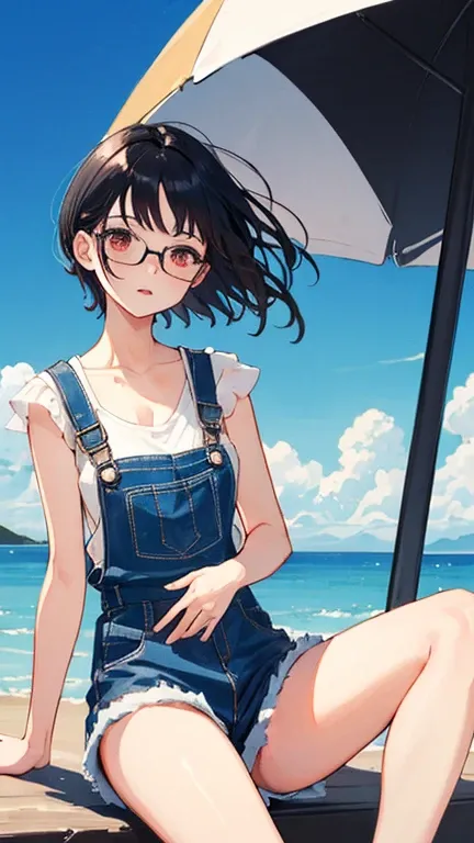 young woman　black hair　short hair　red eyes　irreverent face　look down　Slim body　Thin thighs　small breasts　little ass　toned body　transparent　blue sky　cloud　hair blowing in the wind　high quality　high resolution　8K sitting　slit　belly button　vampire　barefoot sh...