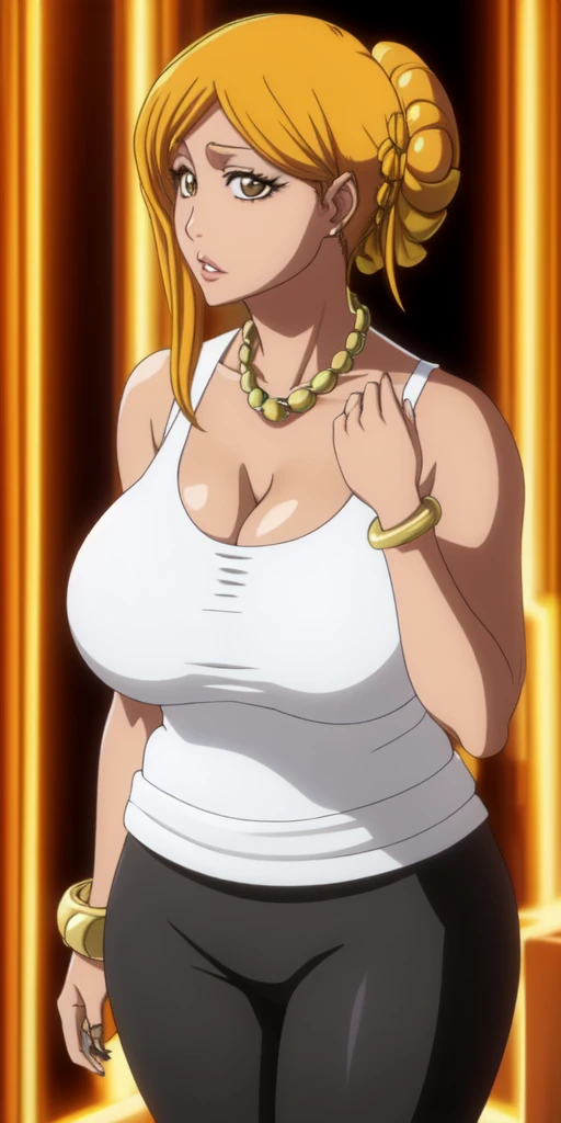 Orihime Inoue,Bleach artstyle,Big breast,Enchanted big breast,Tanned skin,Thick lips,Eyelash,Big Hoopa earring,Gold chain necklace,Circle piercing in lips,Leopard colored Tank top,Cleavage,thin black colored pants,Curvy figure,Plump,Hoopa bracelet,Mature,M...