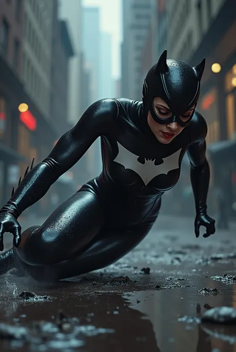 Cosplay  Patience Phillips , cat woman , she must be falling to the ground after taking a hit, What draws the most attention is your pussy marked on your pants image above