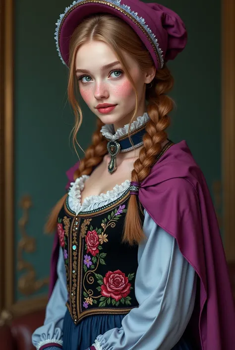 portrait of Anna has a slender build and fair skin. She has turquoise eyes, rosy cheeks, thin pink lips, a small nose, long, strawberry-blonde hair, mostly tied into two braided pigtails, bangs down her forehead, and a light dusting of freckles. She has a ...