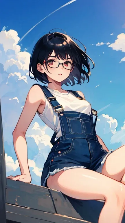 young woman　black hair　short hair　red eyes　irreverent face　look down　Slim body　Thin thighs　small breasts　little ass　toned body　transparent　blue sky　cloud　hair blowing in the wind　high quality　high resolution　8K sitting　slit　belly button　vampire　barefoot sh...