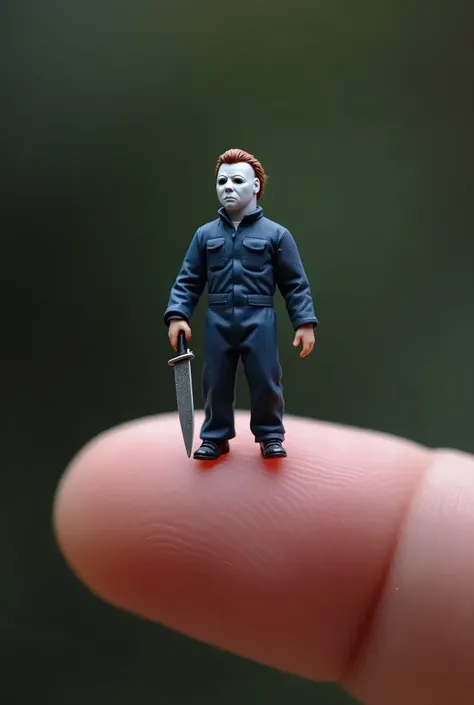 Create a detailed, hyper-realistic image of a miniature Michael Myers standing on a human fingertip. He should be wearing his iconic white mask, with cold, emotionless eyes and his signature blue jumpsuit. Despite his tiny size, the details of the mask, th...