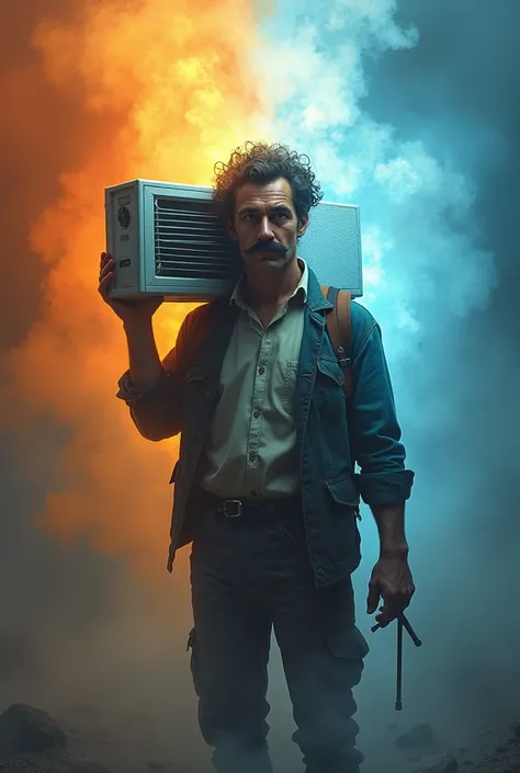 Cold and hot background. In front of a man with a thin mustache and curls, with an air conditioner on his shoulder and tools.