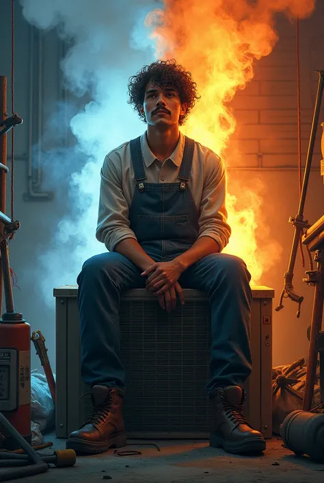 Cold and hot background. In front of a young man with a thin mustache and curls, sitting on an air conditioner and work tools.