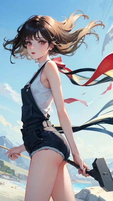 young woman　black hair　short hair　red eyes　irreverent face　look down　Slim body　Thin thighs　small breasts　little ass　toned body　blue sky　cloud　hair blowing in the wind　high quality　high resolution　8K　watercolor　Natural feeling　bridge of the nose　((最high qua...