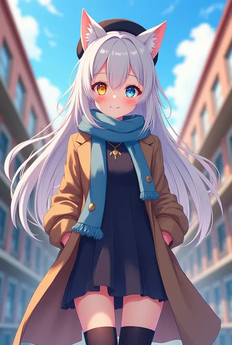 anime style ,One woman,long whitehair, heterochromia,yellow right eye,blue left eye, cat ears,  masterpiece,best quality,detailed,8K,beautiful,cheerful,delightful,smiling,detailed skin,detailed face,beautiful legs,Enjoyable Scene,in a bright and colorful w...