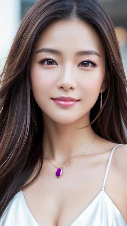 Sexy Japanese Model, 美しいsmile, Lip gloss, Dramatic Makeup, Close-up photo, (Large sparkly necklace), (big shiny bracelet), Daytime scene, big shopping mall background, Improve, (Fuchsia highlights), Long, flowing black hair, ((Business style dark fuchsia l...