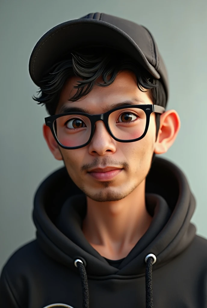 A closeup of a Indonesian man with a baseball hat on his head, glasses reads, wearing black hoodie, character headshot portrait, 8k portrait rendering, disney rendering, personagem de perto, retrato de personagem em close, Personagem 3D realistic, personag...